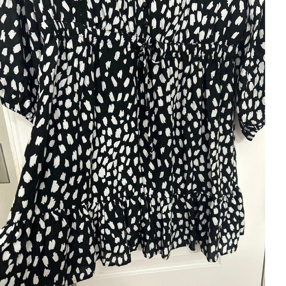 Vineyard Vines Black White Silk Blend Dress Large V Neck Long Sleeve Ruffle Hem - Picture 8 of 16